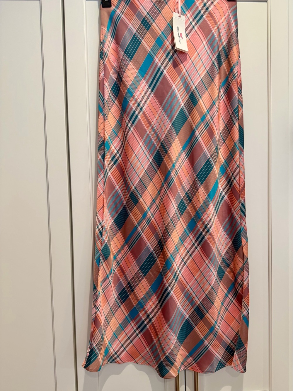 Vineyard Vines Coral and Teal Plaid Midi Skirt